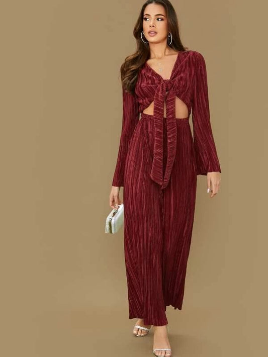 CM-JS119275 Women Elegant European Style Tie Cut Out Front Bell Sleeve Wide Leg Jumpsuit - Wine Red