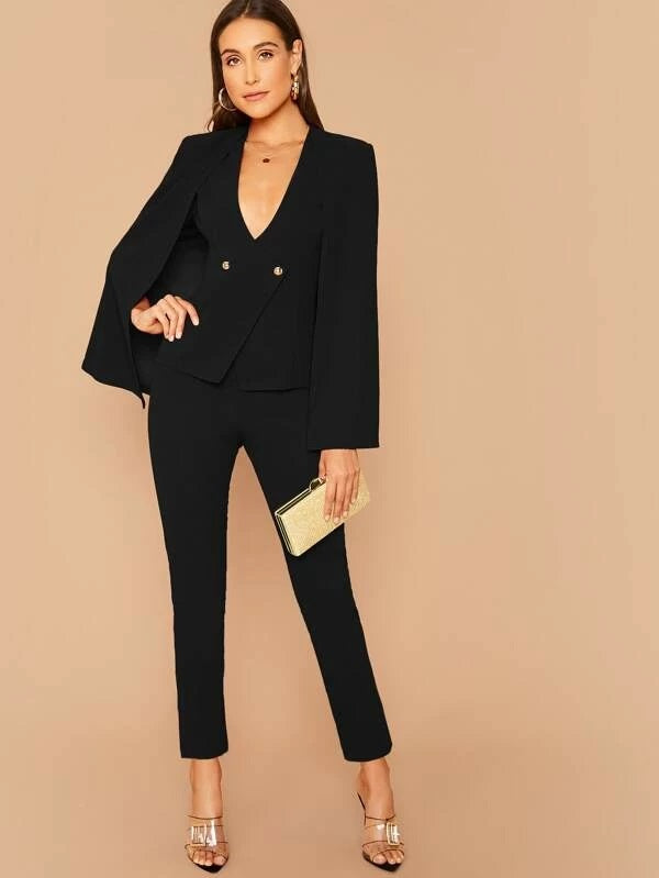 CM-SS116087 Women Elegant Seoul Style Double Breasted Cape Blazer With Tailored Pants - Set