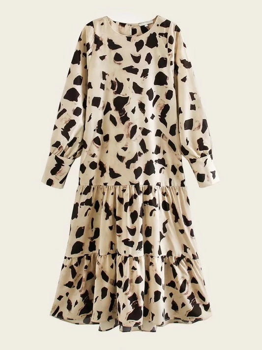 CM-DS204270 Women Casual Seoul Style Long Sleeve Round Neck Graphic Print Ruffle Hem Dress