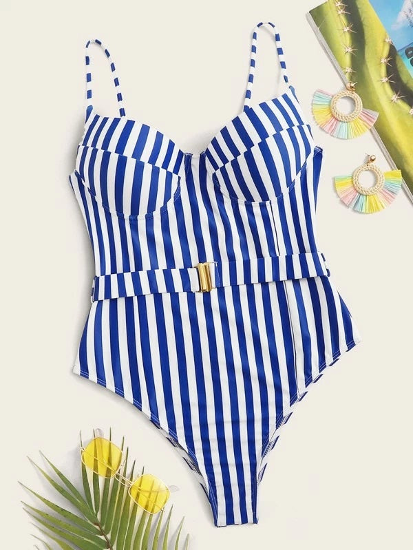 CM-SWS204201 Women Trendy Seoul Style Striped Belted One Piece Swimsuit - Blue
