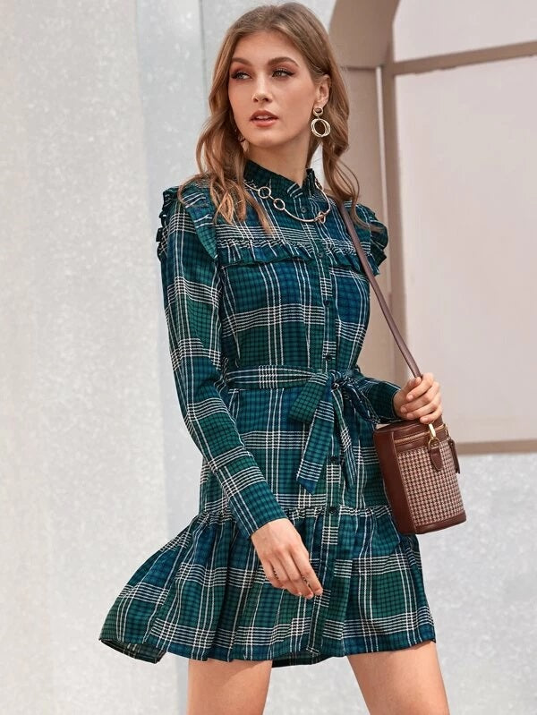 CM-DS204089 Women Casual Seoul Style Long Sleeve Button Front Ruffle Hem Plaid Belted Dress