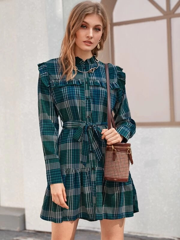 CM-DS204089 Women Casual Seoul Style Long Sleeve Button Front Ruffle Hem Plaid Belted Dress