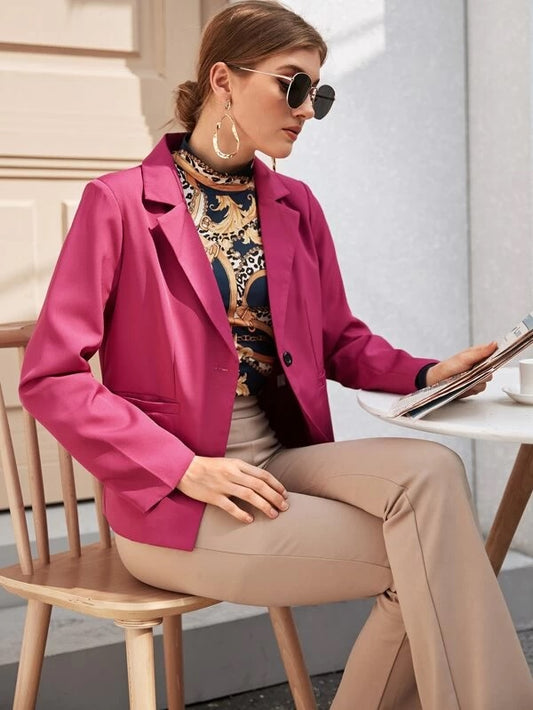 CM-CS204320 Women Elegant Seoul Style Long Sleeve Single Button Front Double Pocket Blazer - Pink