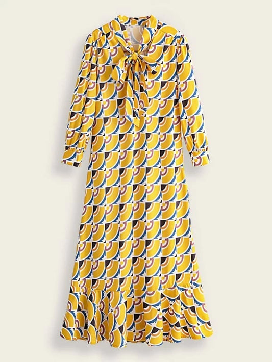 CM-DS206579 Women Casual Seoul Style Tie Neck Ruffle Hem Allover Print Babydoll Dress - Yellow