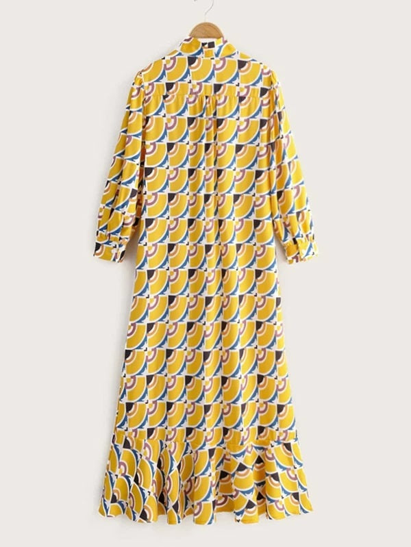 CM-DS206579 Women Casual Seoul Style Tie Neck Ruffle Hem Allover Print Babydoll Dress - Yellow