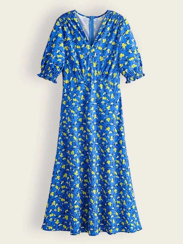 CM-DS206562 Women Casual Seoul Style V-Neck Shirred Cuff Ditsy Floral A-Line Dress - Blue