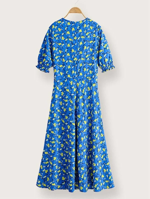 CM-DS206562 Women Casual Seoul Style V-Neck Shirred Cuff Ditsy Floral A-Line Dress - Blue