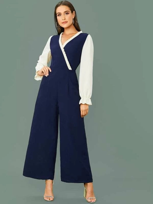 CM-JS121806 Women Elegant Seoul Style Surplice Neck Frill Trim Two Tone Wide Leg Jumpsuit - Navy Blue