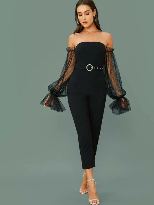 CM-JS125308 Women Elegant Seoul Style Off Shoulder Swiss Dot Mesh Sleeve O-Ring Belted Jumpsuit