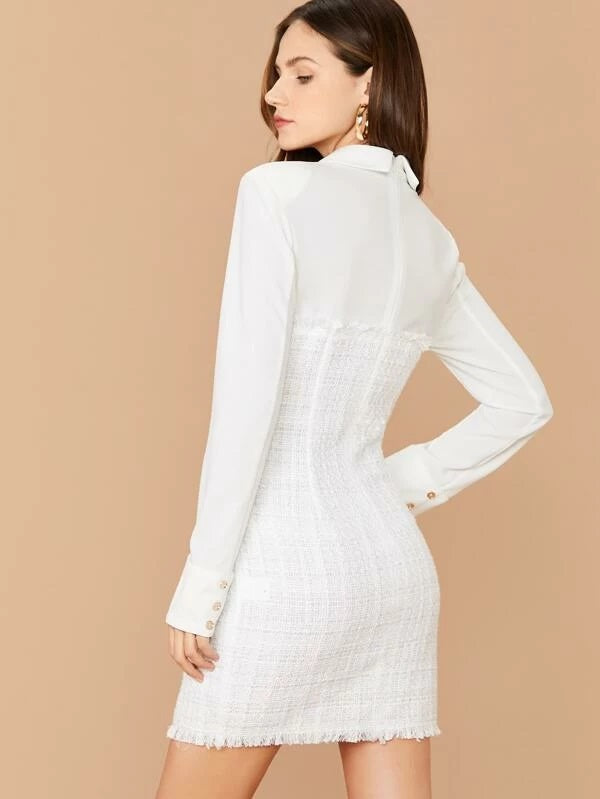 CM-DS031843 Women Elegant Seoul Style Button Front Frayed Edge Mixed Media Tweed Dress - White