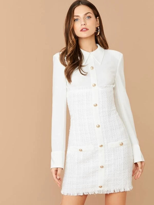 CM-DS031843 Women Elegant Seoul Style Button Front Frayed Edge Mixed Media Tweed Dress - White