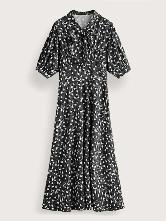 CM-DS206737 Women Casual Seoul Style Long Sleeve Tie Neck Galaxy Print A-Line Dress - Black