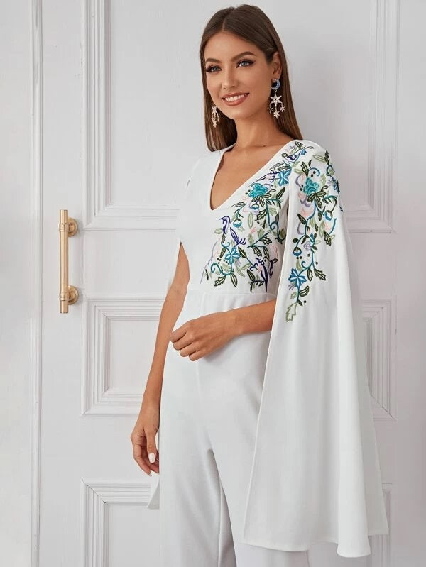 CM-JS128969 Women Elegant Seoul Style Floral Embroidery Front Cloak Sleeve Jumpsuit - White