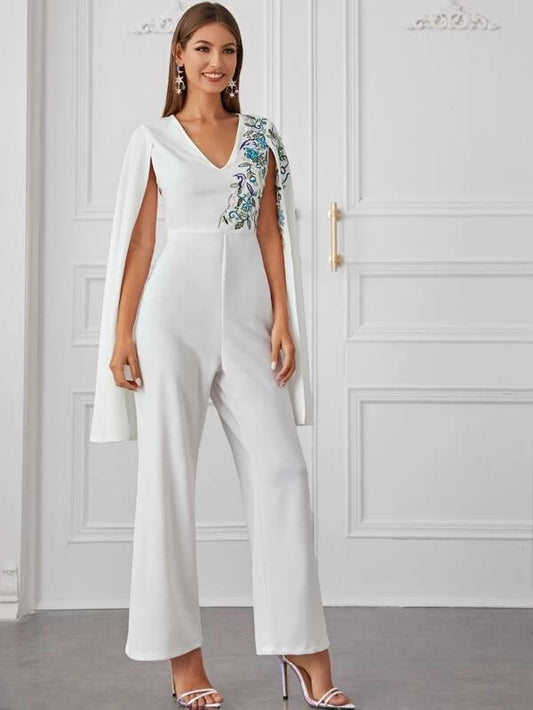 CM-JS128969 Women Elegant Seoul Style Floral Embroidery Front Cloak Sleeve Jumpsuit - White