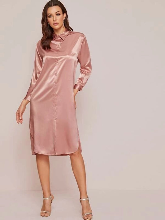 CM-DS207588 Women Trendy Seoul Style Long Sleeve Satin Split Hem Button Up Shirt Dress - Pink