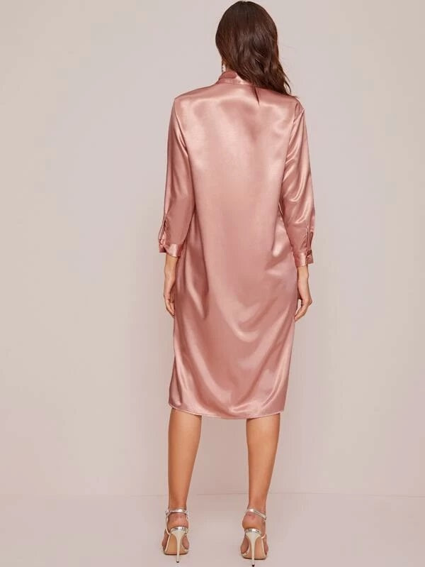 CM-DS207588 Women Trendy Seoul Style Long Sleeve Satin Split Hem Button Up Shirt Dress - Pink