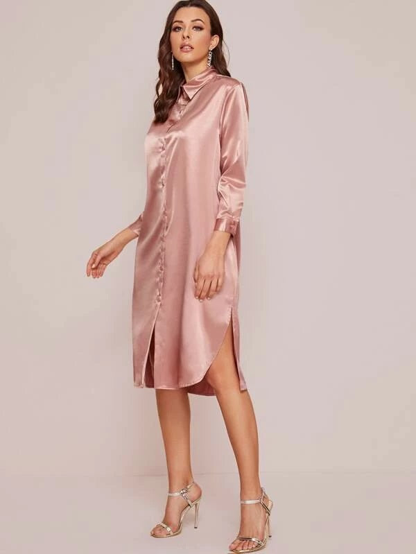 CM-DS207588 Women Trendy Seoul Style Long Sleeve Satin Split Hem Button Up Shirt Dress - Pink