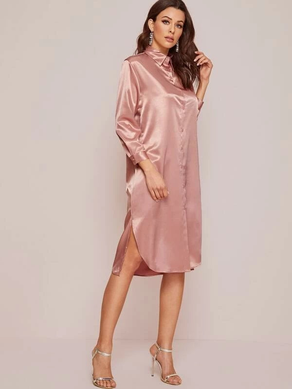 CM-DS207588 Women Trendy Seoul Style Long Sleeve Satin Split Hem Button Up Shirt Dress - Pink