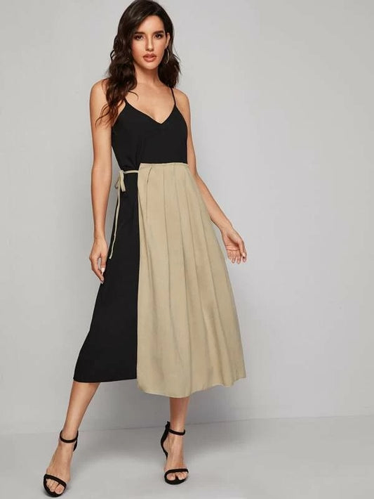 CM-DS207610 Women Elegant Seoul Style Sleeveless Contrast Panel Tie Side Cami Dress