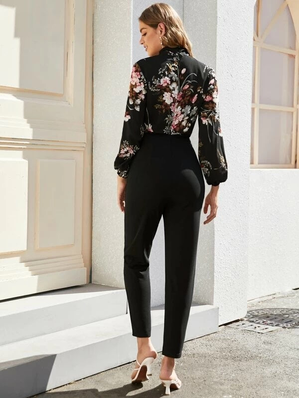 CM-JS207659 Women Trendy Seoul Style Long Sleeve Floral Print Tie Neck Combo Jumpsuit - Black