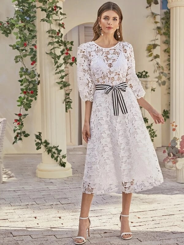 CM-DS122217 Women Elegant Seoul Style Bishop Sleeve Belted Guipure Lace Dress - White