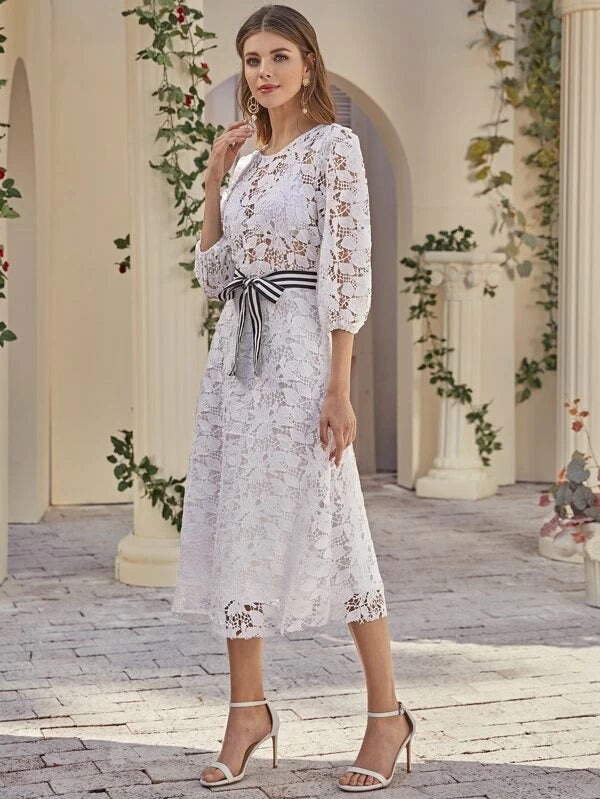 CM-DS122217 Women Elegant Seoul Style Bishop Sleeve Belted Guipure Lace Dress - White