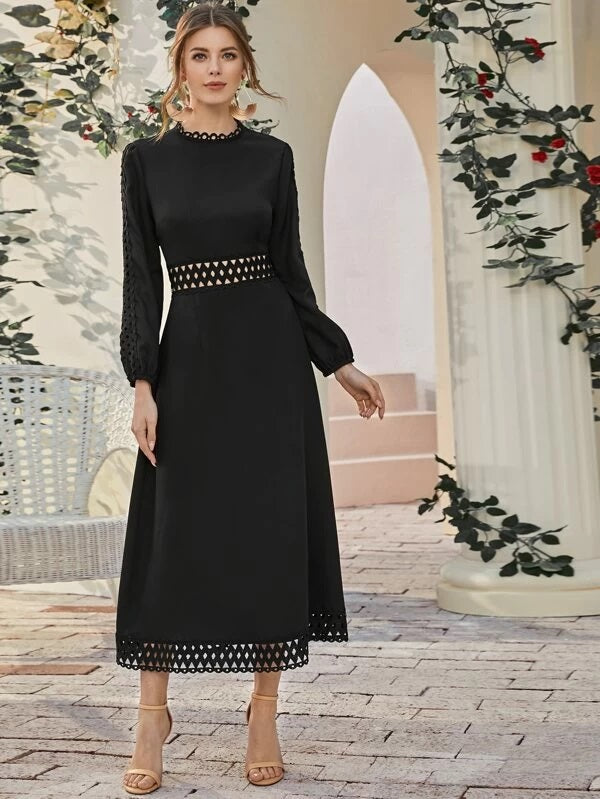 CM-DS118809 Women Elegant Seoul Style Long Sleeve Lace Detail Cut-Out Longline Dress - Black