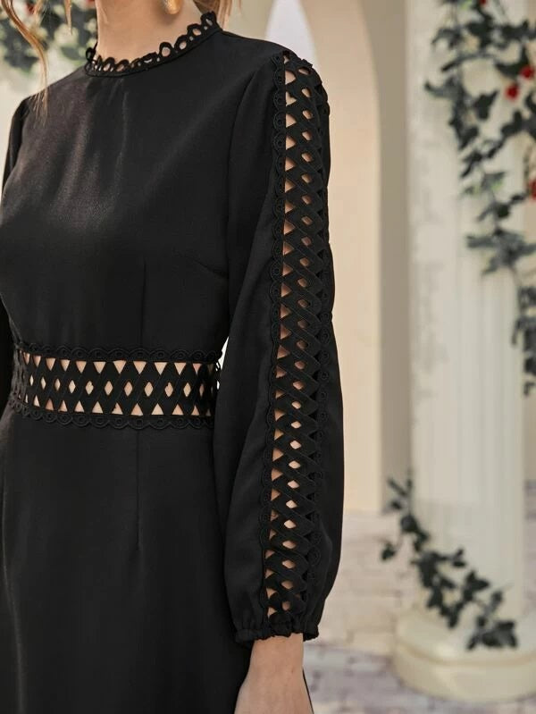 CM-DS118809 Women Elegant Seoul Style Long Sleeve Lace Detail Cut-Out Longline Dress - Black