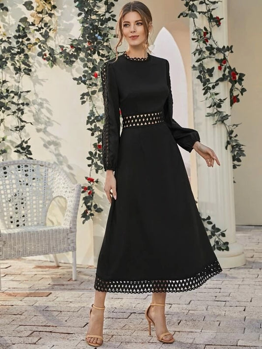 CM-DS118809 Women Elegant Seoul Style Long Sleeve Lace Detail Cut-Out Longline Dress - Black