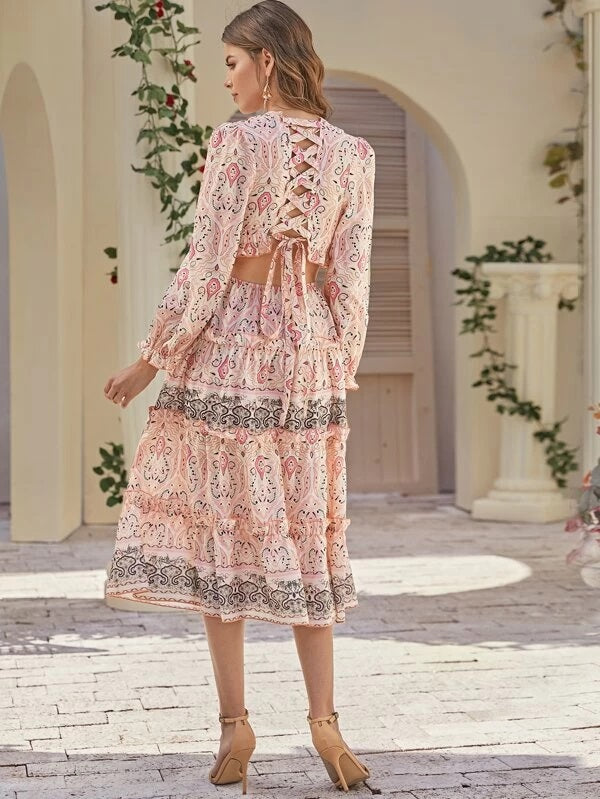 CM-DS122660 Women Elegant Seoul Style Plunging Neck Lace Up Back Layered Tribal Print Dress - Pink