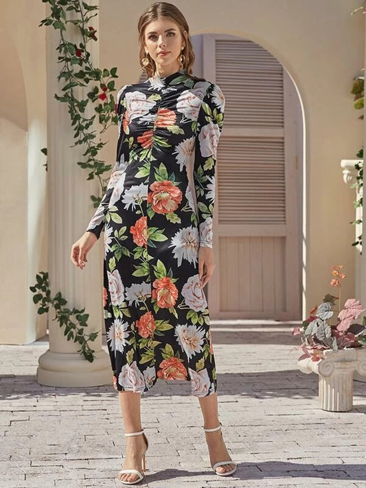 CM-DS121909 Women Elegant Seoul Style Long Sleeve Mock Neck Ruched Front Floral Dress
