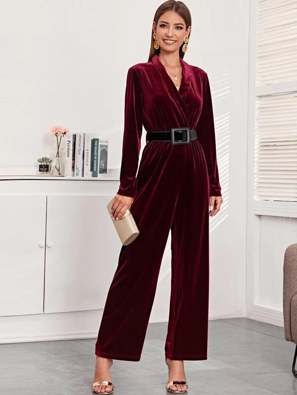 CM-JS118445 Women Elegant Seoul Style Shawl Collar Wide Leg Belted Velvet Jumpsuit - Wine Red