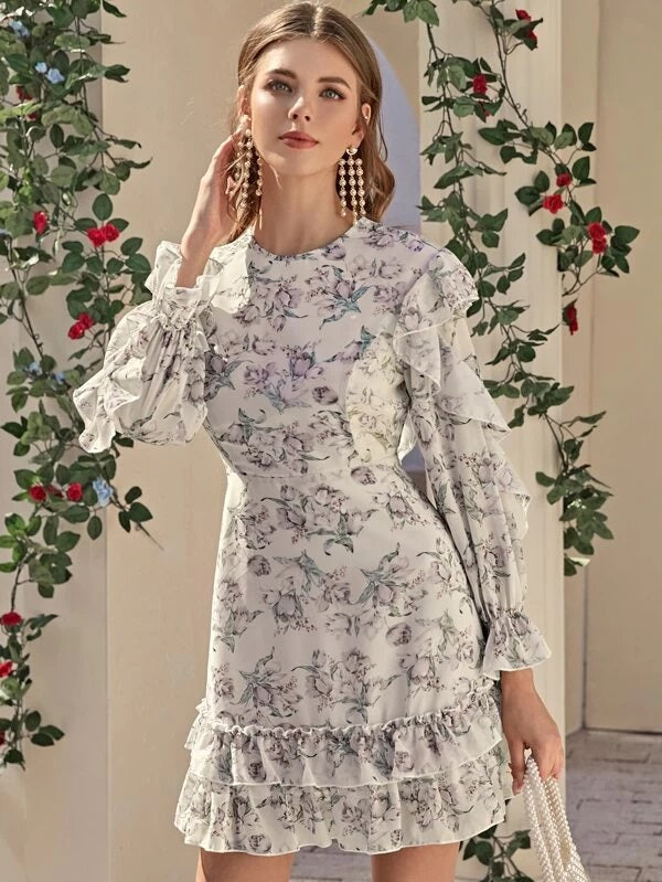 CM-DS125871 Women Elegant Seoul Style Open Back Layered Hem Ruffle Detail Floral Fitted Dress
