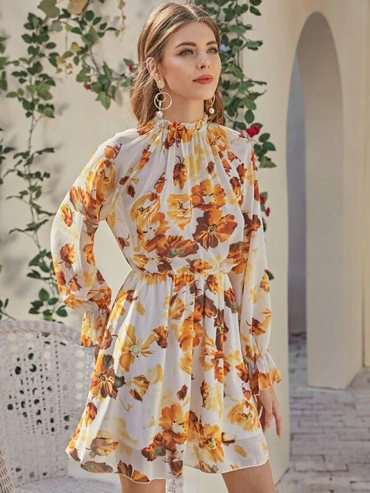 CM-DS130050 Women Casual Seoul Style Frilled Neck Raglan Sleeve Floral Print Dress