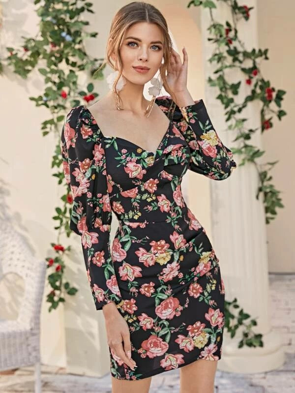 CM-DS126247 Women Elegant Seoul Style Sweetheart Neck Gigot Sleeve Floral Print Dress