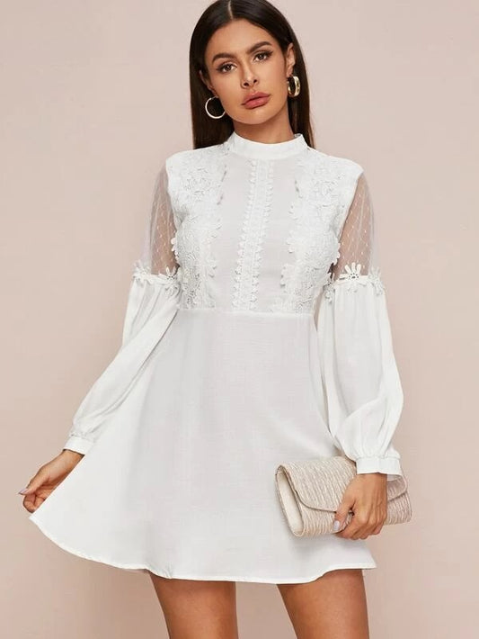 CM-DS114154 Women Elegant Seoul Style Guipure Lace Detail Mesh Insert Lantern Sleeve Dress - White