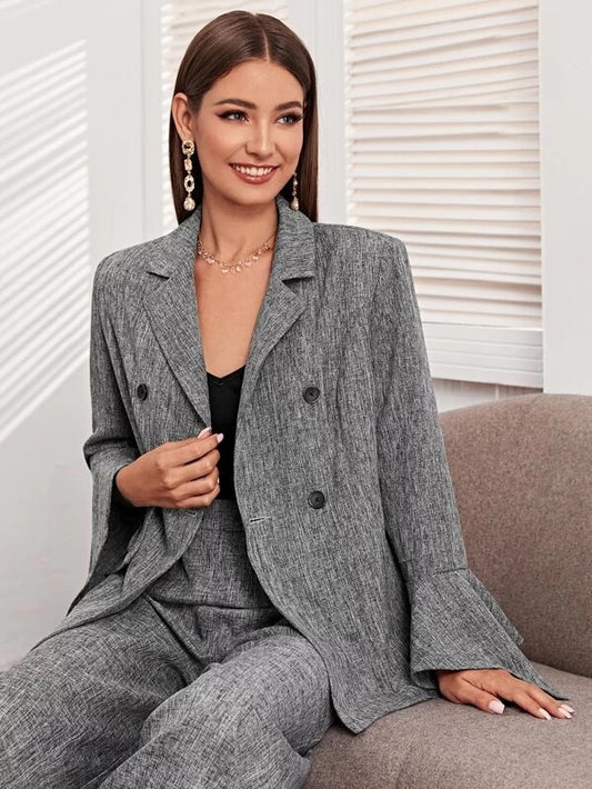 CM-CS118357 Women Elegant Seoul Style Notched Collar Bell Sleeve Linen Look Belted Blazer - Gray