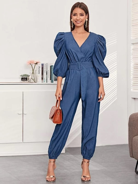 CM-JS121147 Women Elegant Seoul Style Lantern Sleeve Surplice Neck Buckle Belted Jumpsuit - Blue