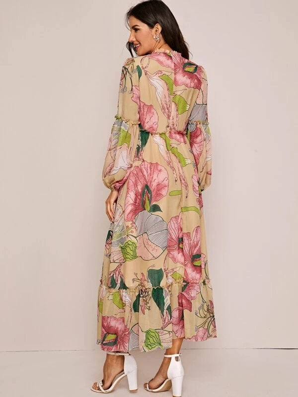 CM-DS125260 Women Elegant Seoul Style Bishop Sleeve Button Front Floral Print Ruffle Hem Dress