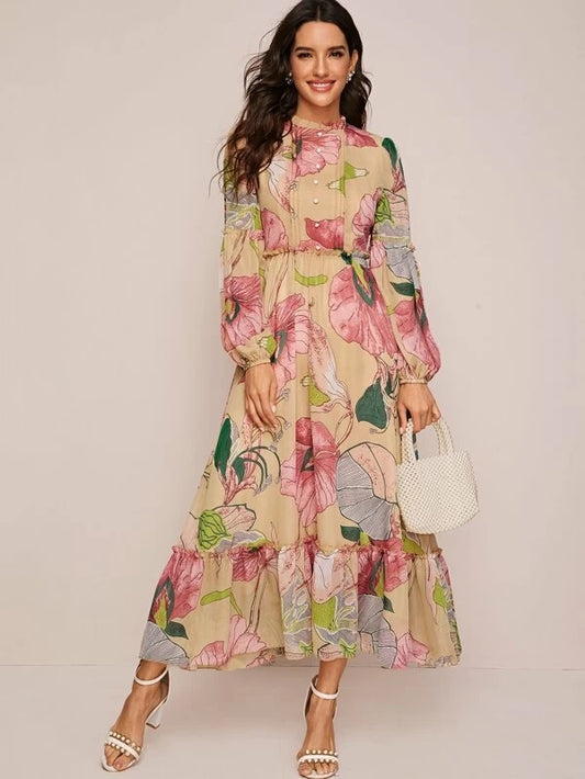 CM-DS125260 Women Elegant Seoul Style Bishop Sleeve Button Front Floral Print Ruffle Hem Dress