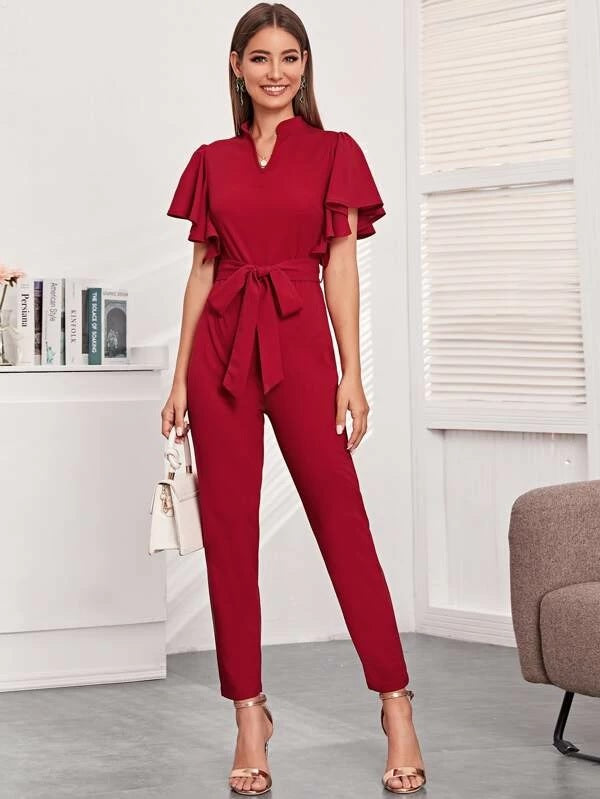 CM-JS206529 Women Elegant Seoul Style Notched Butterfly Sleeve Belted Jumpsuit - Red