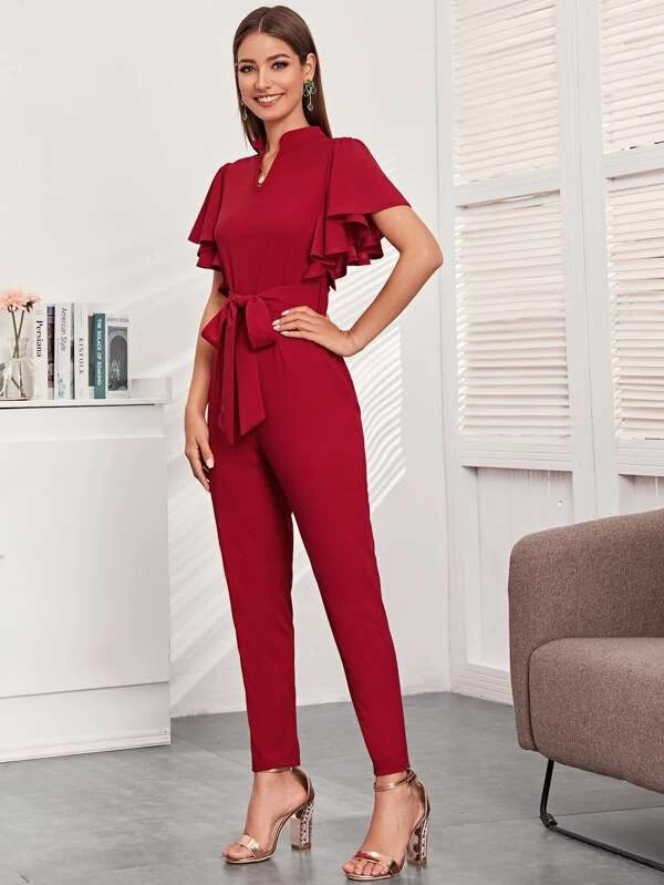 CM-JS206529 Women Elegant Seoul Style Notched Butterfly Sleeve Belted Jumpsuit - Red