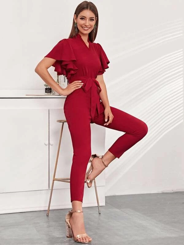 CM-JS206529 Women Elegant Seoul Style Notched Butterfly Sleeve Belted Jumpsuit - Red
