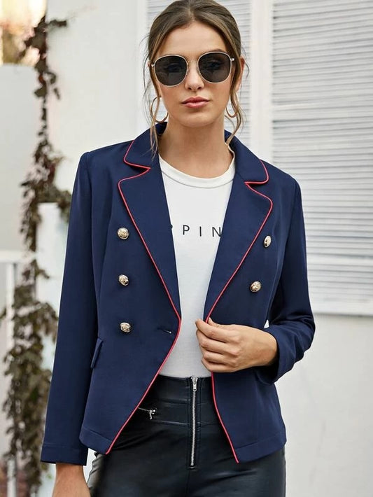 CM-CS121203 Women Elegant Seoul Style Notched Collar Double Breasted Blazer - Navy Blue
