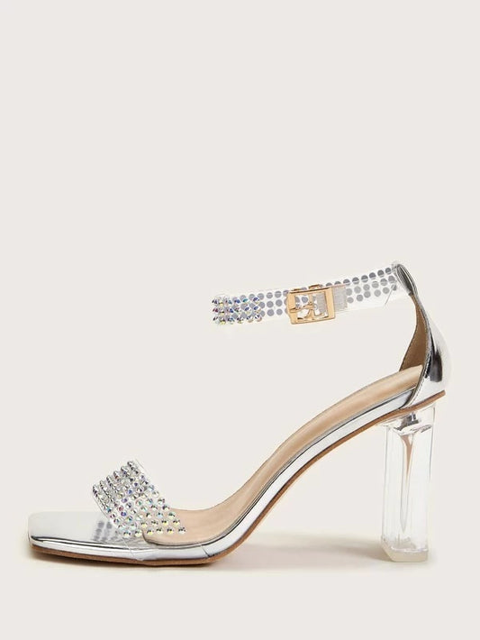 CM-SHS209583 Women Elegant Seoul Style Rhinestone Open Toe Ankle Strap Chunky Heels
