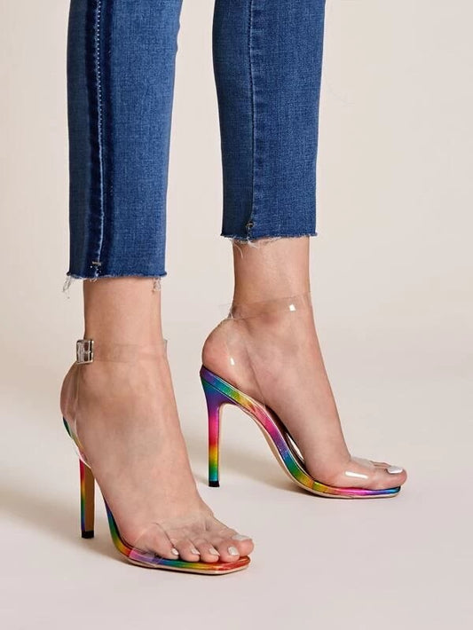 CM-SHS209459 Women Elegant Seoul Style Clear Ankle Strap Rainbow Stiletto Heels