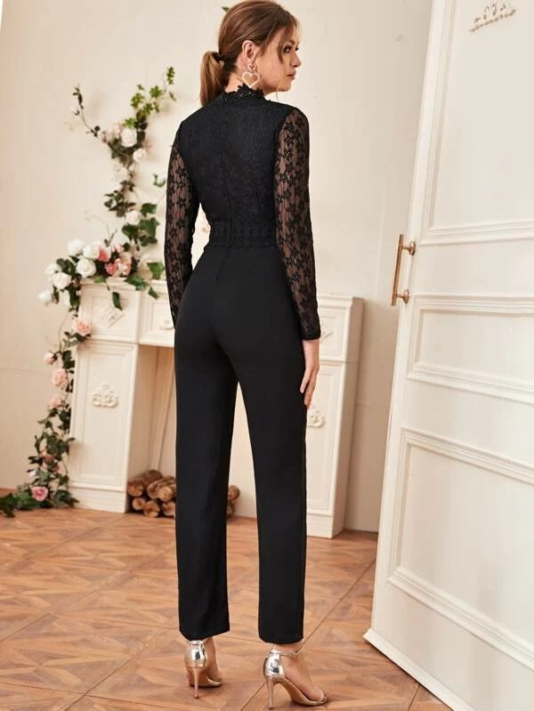 CM-JS209496 Women Elegant European Style Mock Neck Contrast Lace Zip Back Jumpsuit - Black