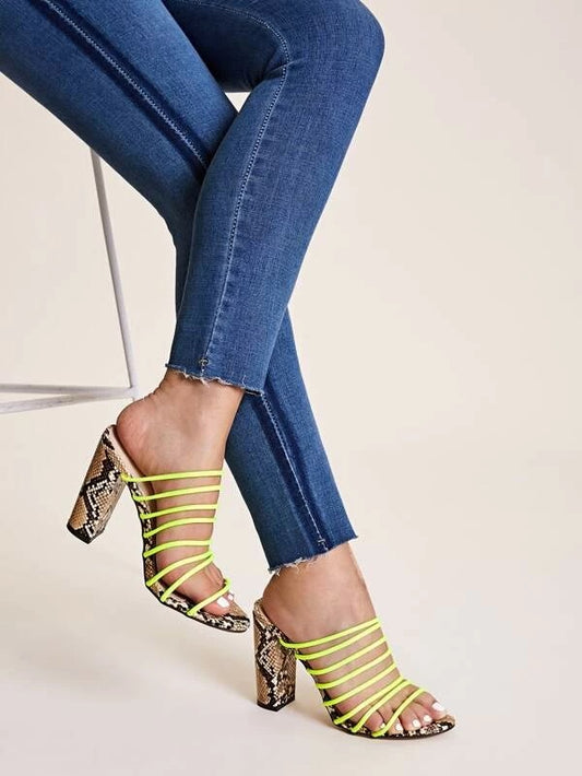CM-SHS209715 Women Trendy Seoul Style Strappy Snakeskin Sole Chunky Heeled Mules