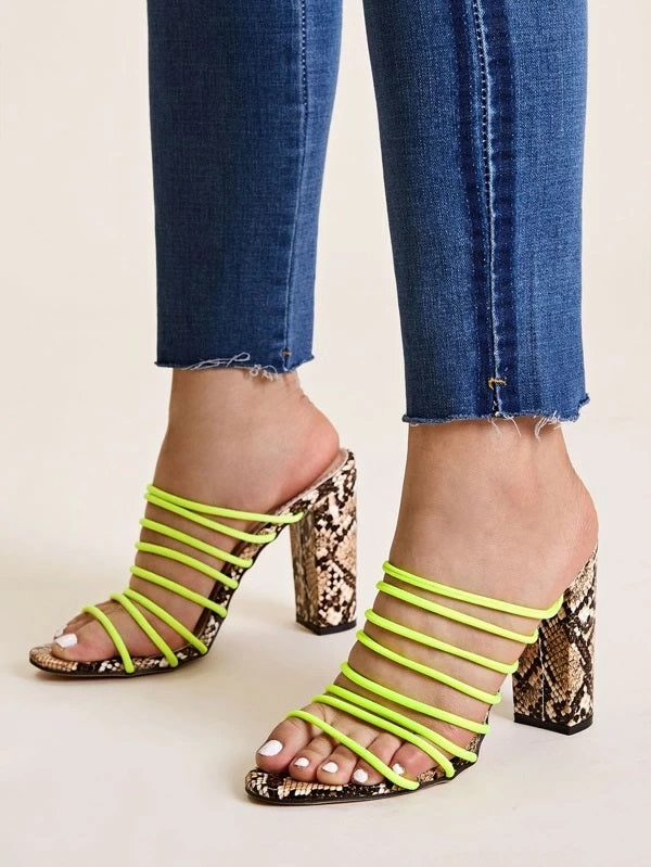 CM-SHS209715 Women Trendy Seoul Style Strappy Snakeskin Sole Chunky Heeled Mules