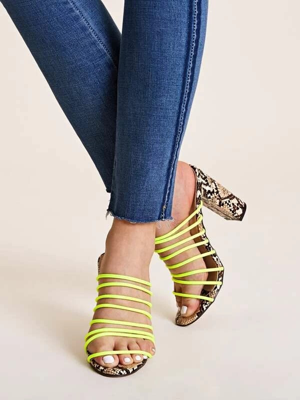 CM-SHS209715 Women Trendy Seoul Style Strappy Snakeskin Sole Chunky Heeled Mules